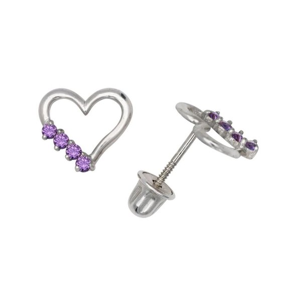 14K Solid White Gold Open Heart Love Screw Back Earrings Set With Birthstones - Picture 2 of 7